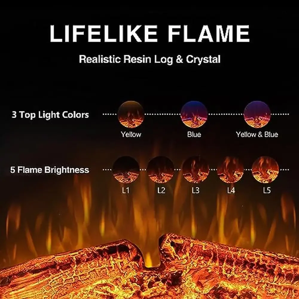 Riscaldatore per camino elettrico da incasso da 36'' con telecomando e suono di fuoco crepitante Fiamme realistiche Luce superiore regolabile