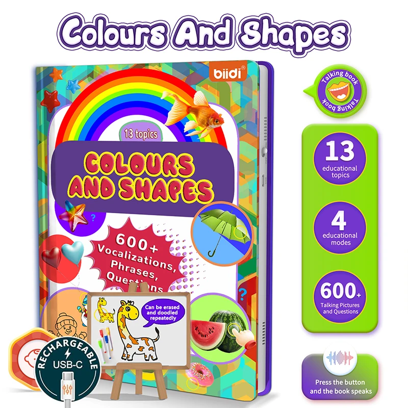 English Sound Book Colors Shape Wipable Educational Book Montessori 600-Sound Interactive Learning E-Book for Children Boys Girl