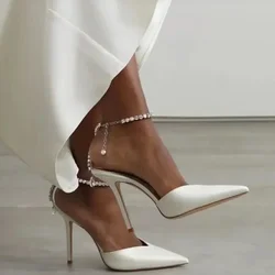 2024 New Satin Pumps Crystal Pendant One Word Rhinestone Chain High Heels Pointed Thin Heel Sexy Sandals Wedding Shoes