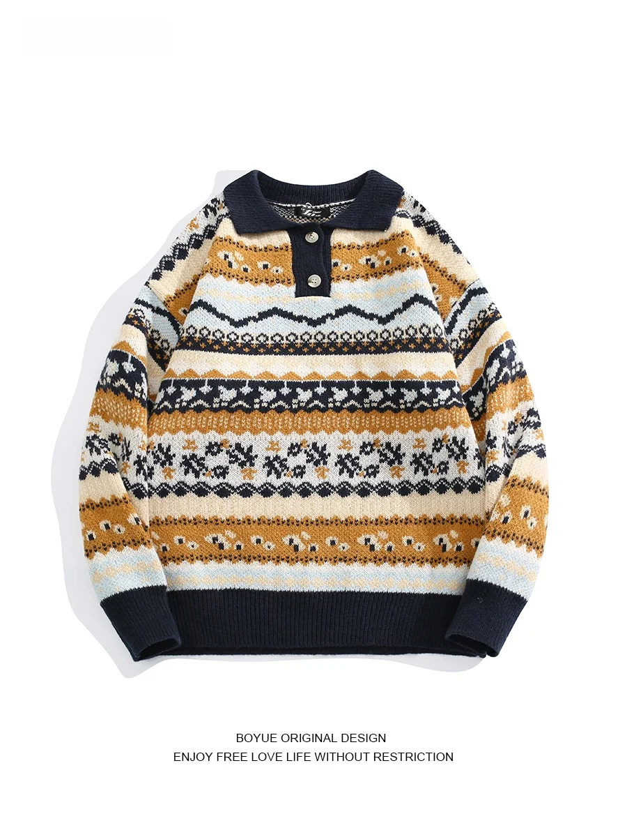 

Boyue Ethnic Sle Collar Knitted Sweater Color Blo Design Casual Long Sve Winter Menswear Comfortable Fit Knitwear