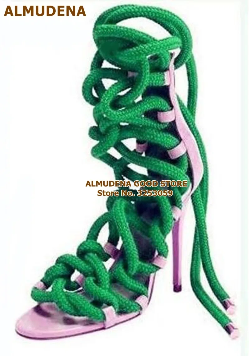 ALMUDENA مثير كعب ستيليتو حبل الربط الصنادل الدانتيل متابعة قفص الأحذية المغطاة كعب فستان مضخات المشاهير مضفر كعب الصنادل