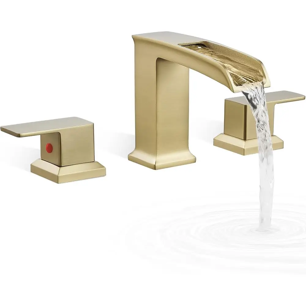

Bathtub Faucet Deck Mount 3 Hole, Brass Waterfall Faucet for Bathtub 6-16 Inch, Brushed Gold Tub Faucet Set 2 Handle, High Flow