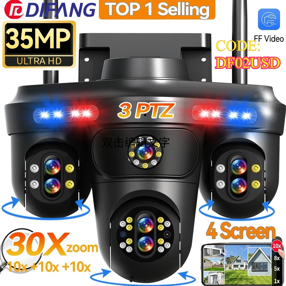 DIFANG 35MP WiFi IP Camera 4 Screens 7 Lens 10X Zoom Outdoor Wireless PTZ Security Cam Auto Tracking CCTV Surveillance Camera