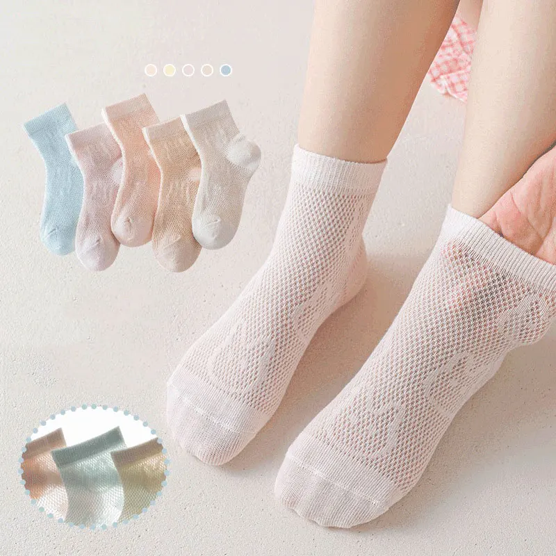 

﻿ 5Pairs Summer Girl Mesh Socks Hollow Breathable Kids Middle Tube Sock 2-12Year Baby Footwear Solid Color Children Cotton Sock