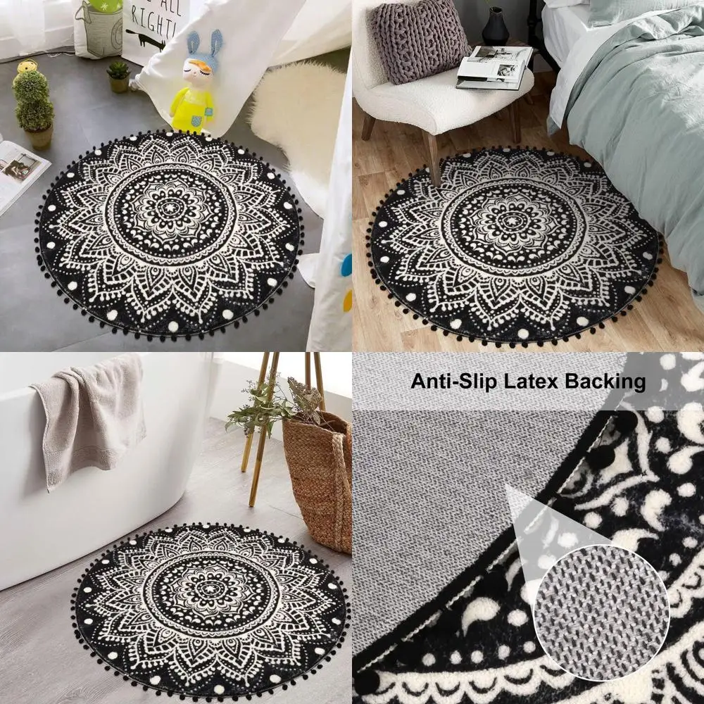 

Circular Boho Mandala Rug, 3' Diameter, Black with Pom Poms, Non-Slip, Washable Accent Mat for Bedroom, Bathroom, Entryway, Livi