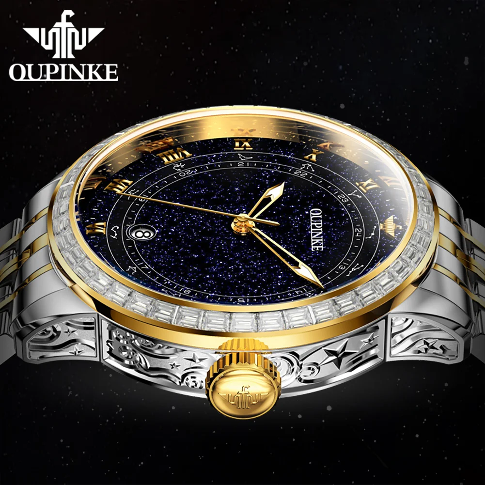 OUPINKE Original Automatic Mechanical Watch for Men Star Diamond Design Luminous Waterproof Mens Wristwatch Luxury Montre Homme