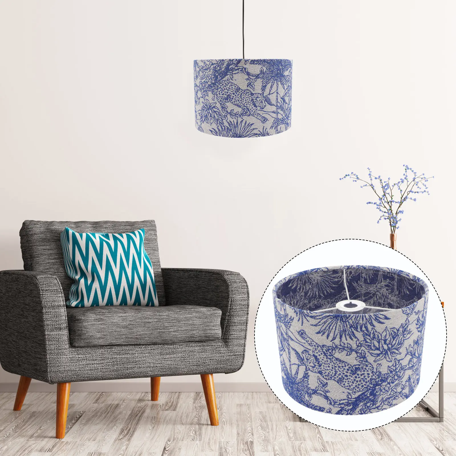 

Embroidered Fabric Lampshade 30cm Blue Tropical Pattern R om Iron Bracket Sturdy Desk Bedside Lamp Home Bedroom Study Hotel
