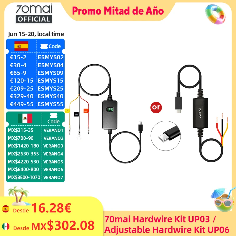 Kit de Cableado Ajustable 70mai UP06, Kit de Cableado 70mai UP03, Interfaz Tipo-C, Vigilancia de Estacionamiento 24H, 70mai UP03, 70mai UP06
