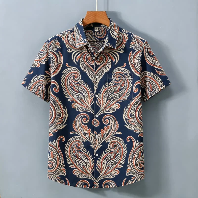 Men's tribal art printed short sleeved shirt with pockets, a cool top for beach outings, gatherings, and vacations