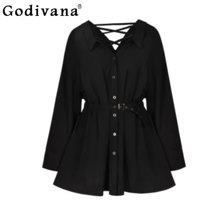 

Halloween New High Waist Long Sleeve Turn-down Collar Shirt Dress Women Sprin Autumn Fashion Age-reducing Black Korean Dresses