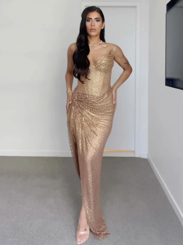 VC – robe longue luxueuse et Sexy en maille transparente dorée, sans bretelles, dos nu, avec taille torsadée, pour fête, bal, robe de soirée