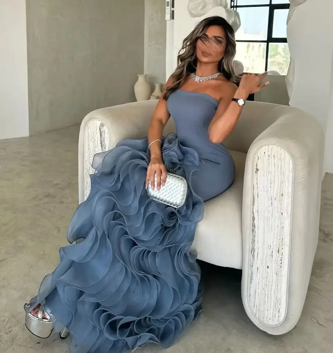 Blue Evening Dresses 2025 Pleated Floor Length Strapless Prom Dresses Mermaid Sleeveless Formal Occasion Party Dresses Ball Gown