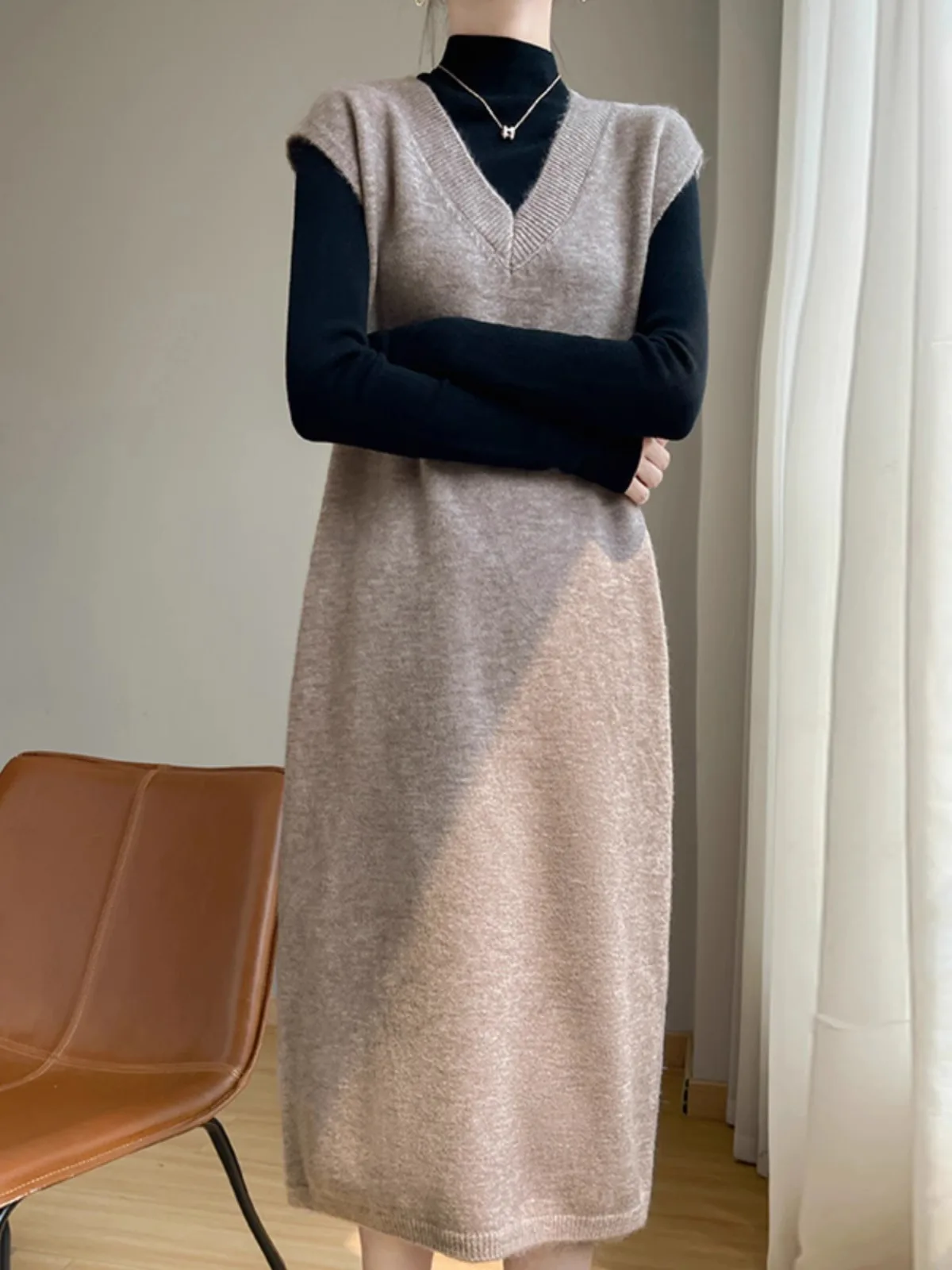 

Длинный V-Ne Camere Sweater Dr, женский вязаный жилет большого размера с ленивым рукавом, средней длины, Svel для поездок на работу