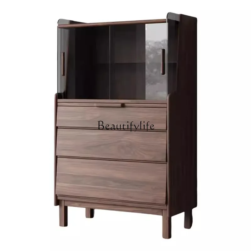

North American black walnut solid wood chest integrated living room dresser glass locker