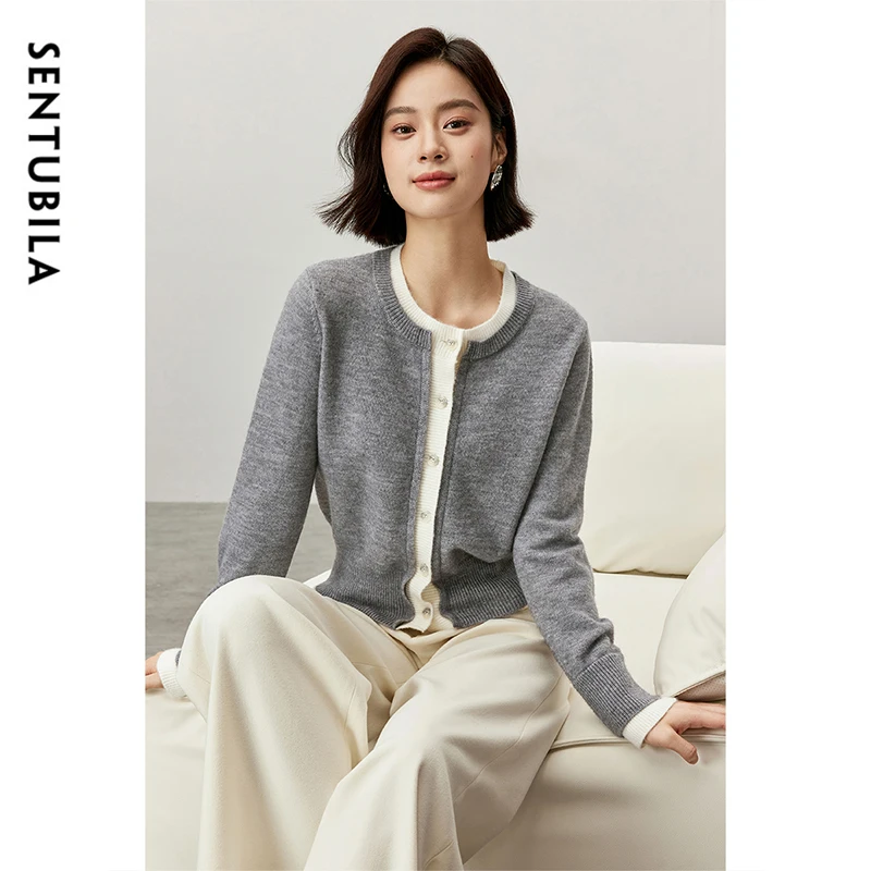 SENTUBILA Patchwork Spliced Cardigan for Women 2024 Autumn Straight 2 in 1 Sweater Fashion Single Breasted Knit Tops W43E56917