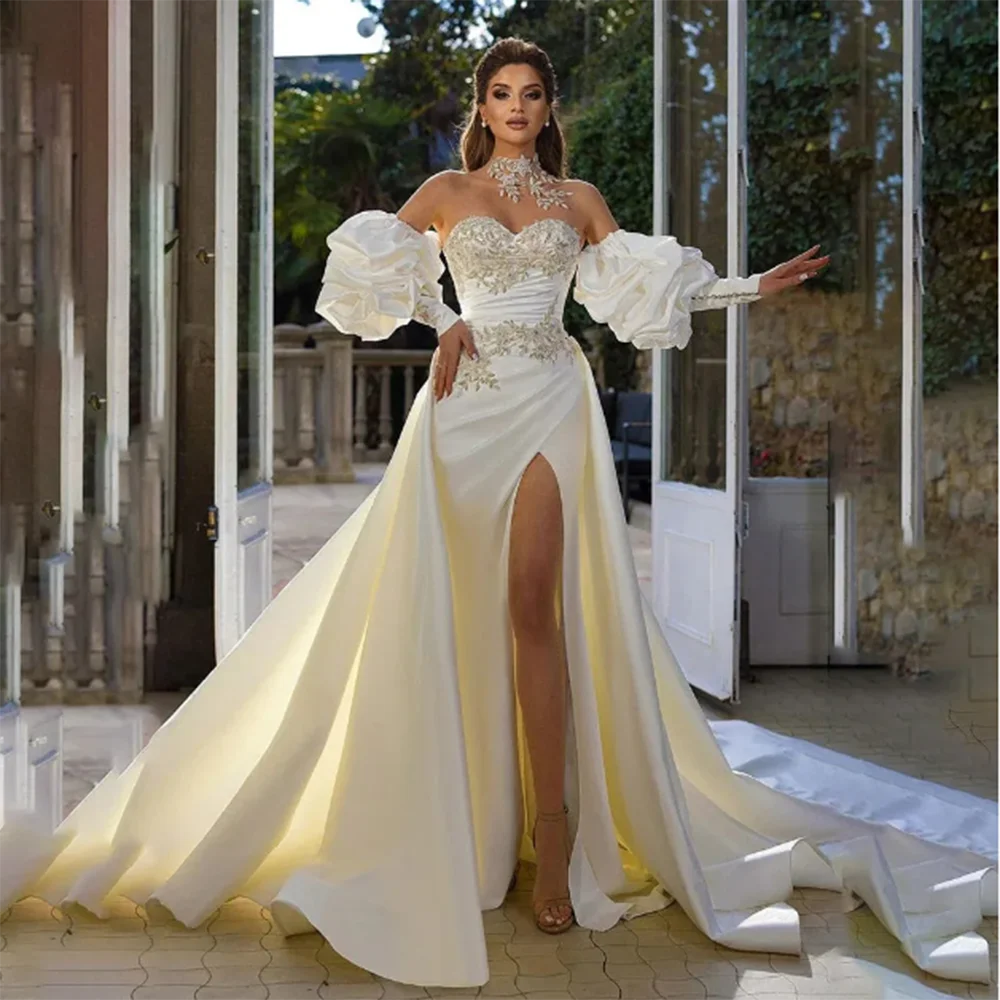 Exquisite Wedding Party Dresses Sweetheart Half Sleeveless A-Line Floor Length Side Split Appliques Flowers Women Prom Gowns