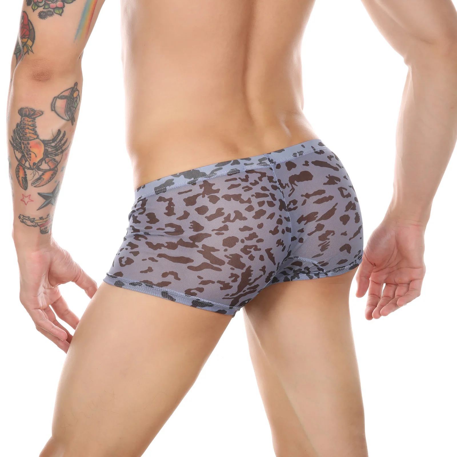 Boxers transparentes estampados masculinos, perspectiva sexy, malha, estampa de leopardo, roupa íntima sexual