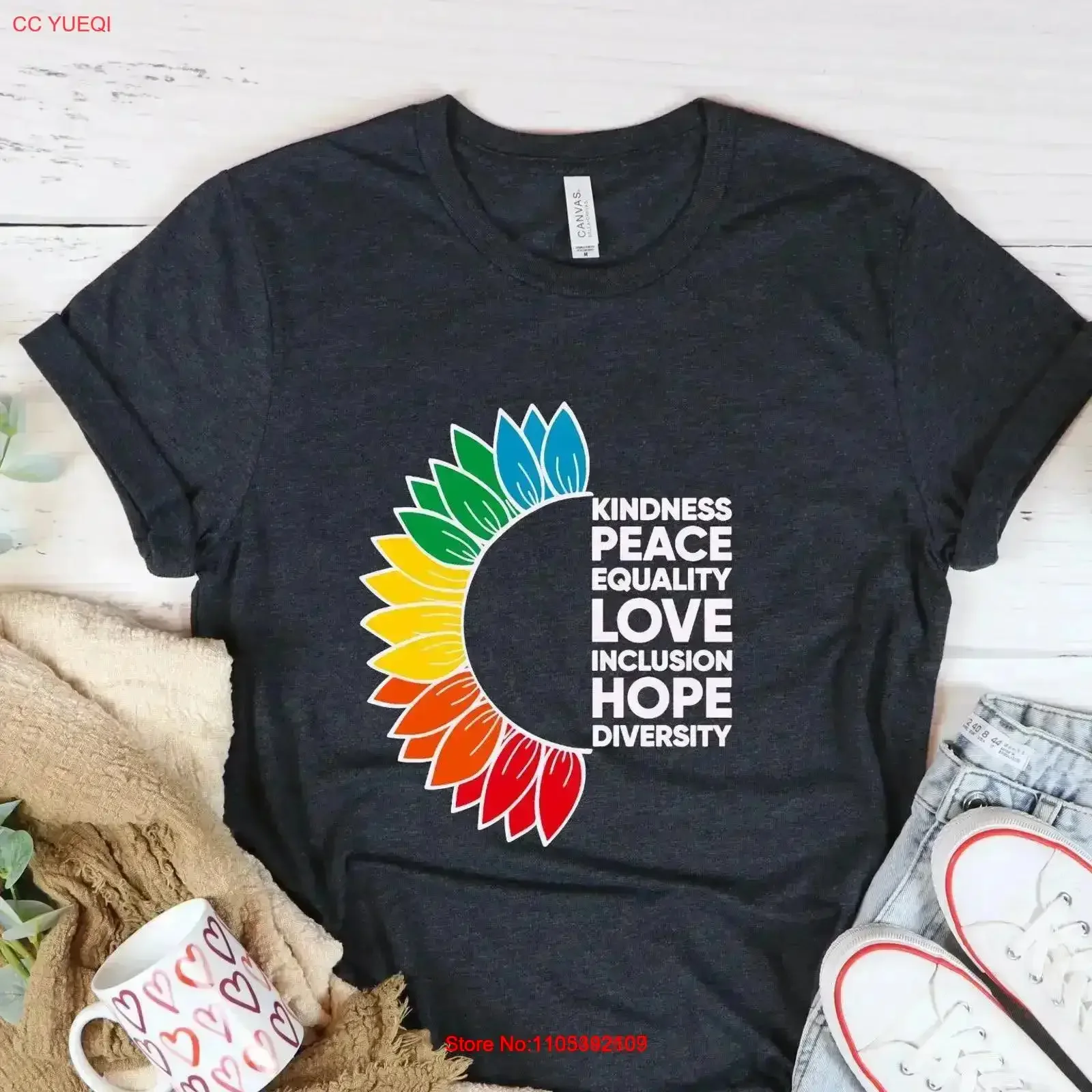 T-shirt Rainbow Sunflower Pride, motif Love Hope Diversity, vintage, effet délavé, vêtements de créateur, graphique, légèrement décontracté, streetwear, élégant