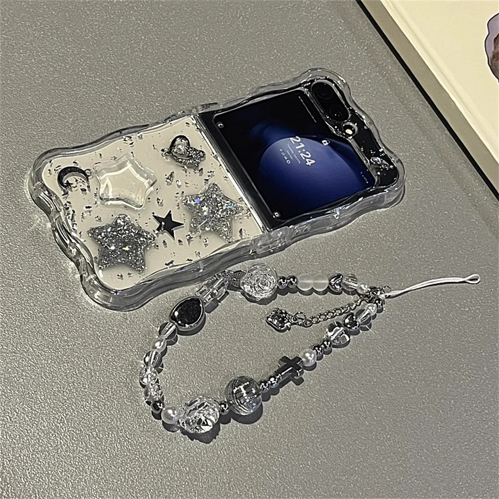 Korean 3d Glitter Star Clear Phone Case For Samsung Galaxy Flip 6 Flip5 Flip4 Flip3 Epoxy Cover Wavy Border Protective Cover Fun image 5