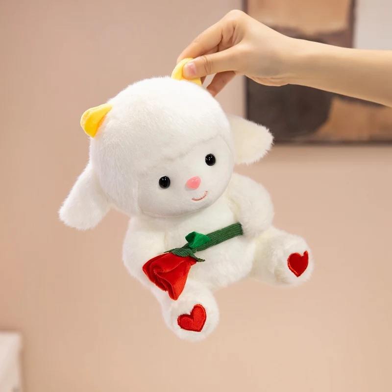 Rose Flower Lamb Plush Doll With Heart Embroidery On Hooves Yellow Inner Ears Pink Nose and Bright Eye Detail for Display