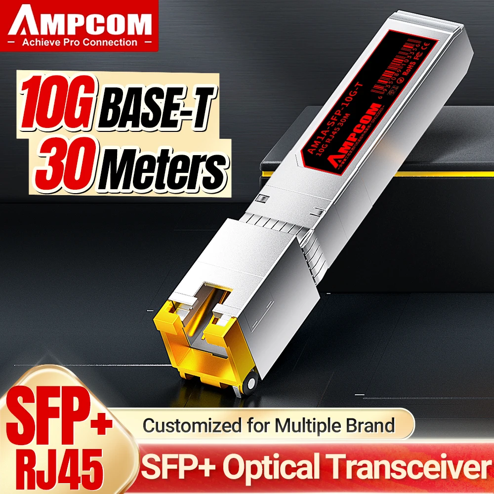 Transceiver AMPCOM 10GBase-T SFP+ na RJ45, kabel miedziany Ethernet CAT6A/CAT7 RJ45 na moduł światłowodowy SFP+, do 30M