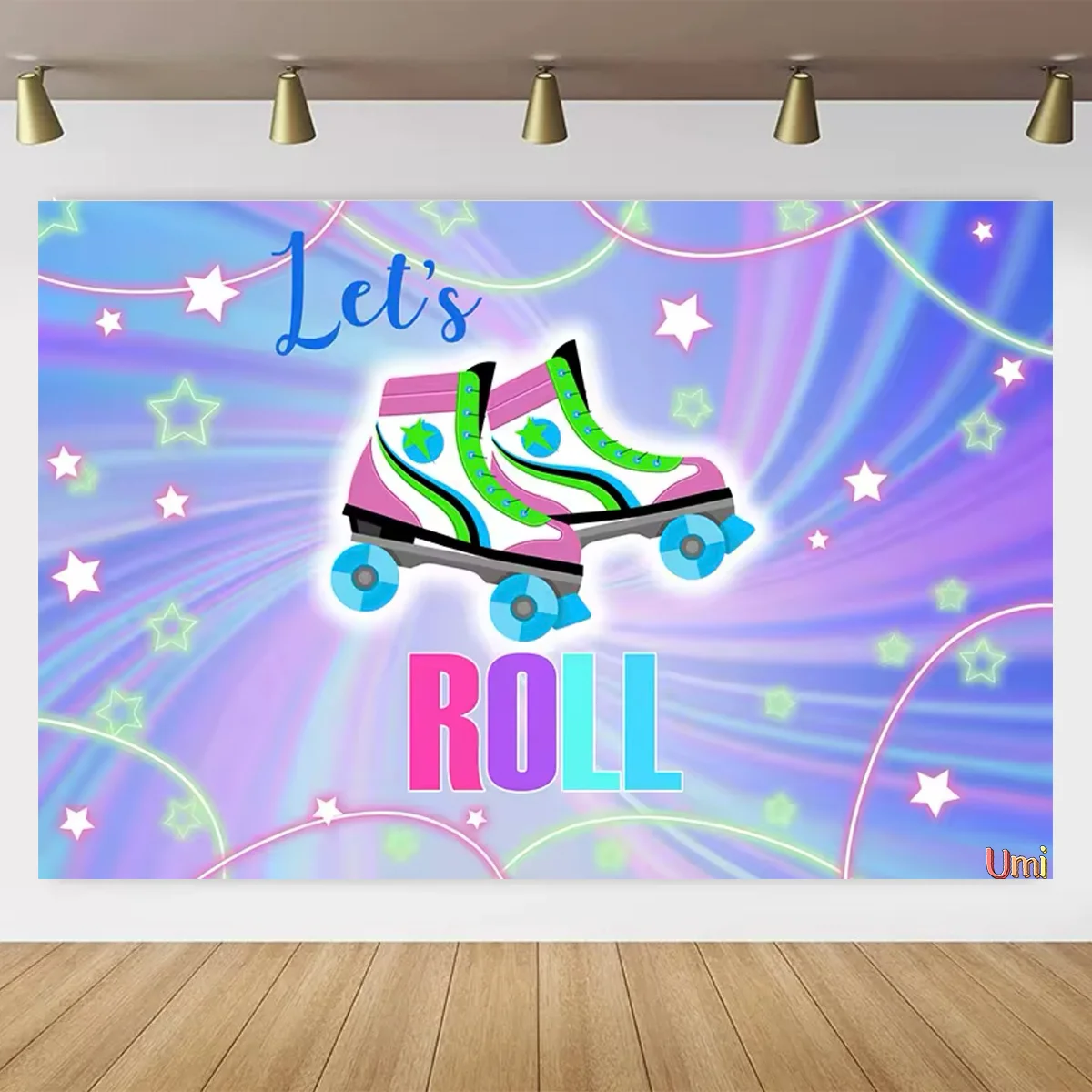 Roller Skating Shoes Theme Birthday Background Girls Children Women 80s 90s Pink Roller Skating Neon Lights Rainbow Disco Party