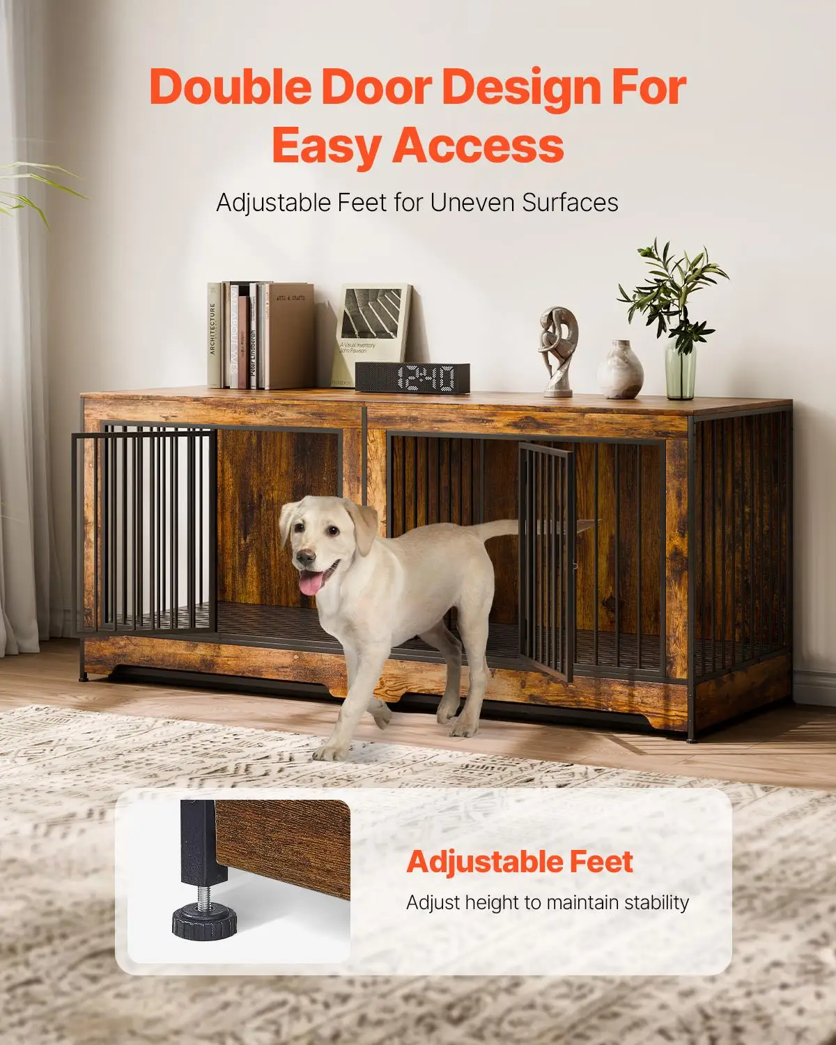 75 Inch Dog Crate Furniture for 2 Dogs Extra Large Double Dog Kennel Cabinet with Divider Double Doors Wooden TV Stand for medium and Large Dogs Brown