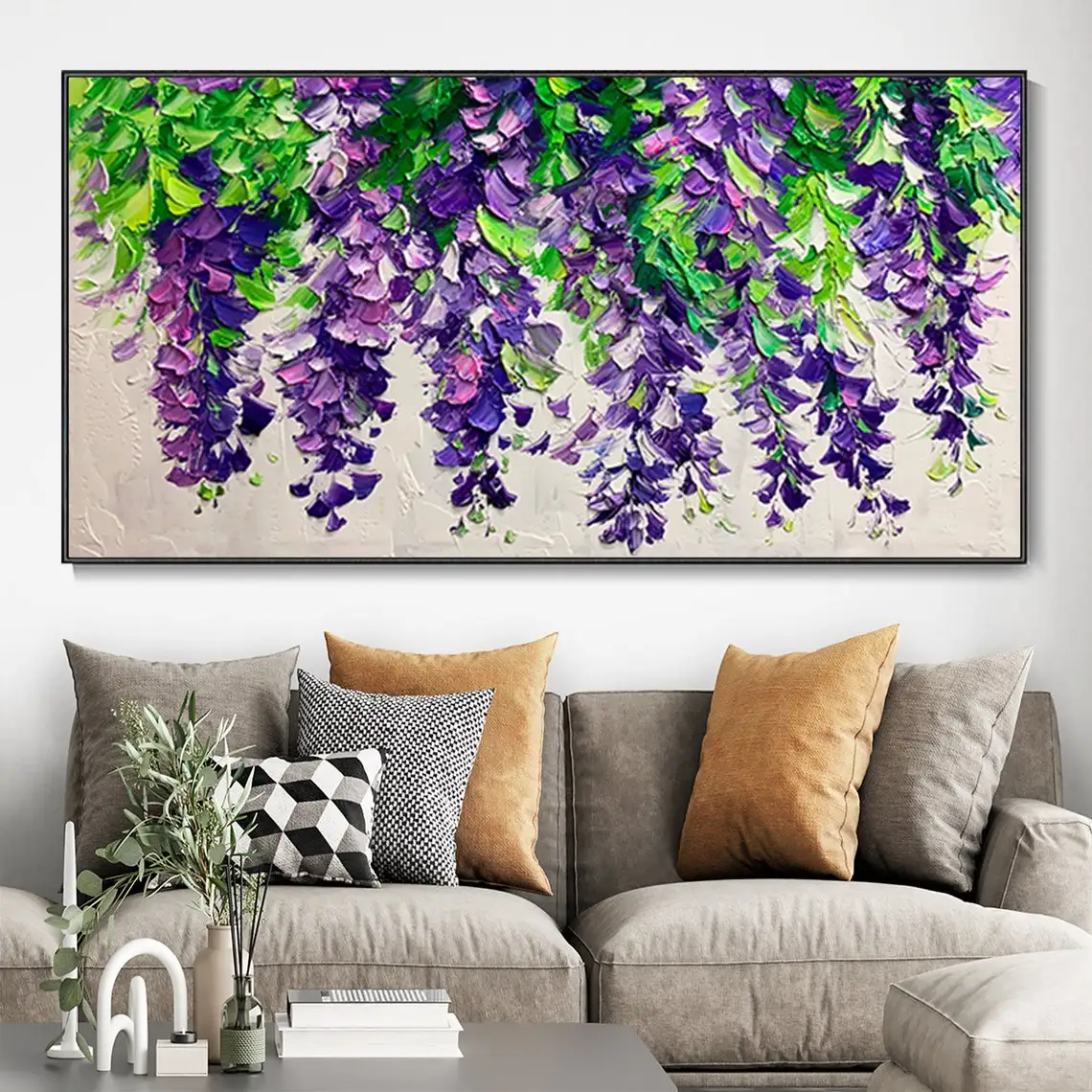 Large Purple Blooming Flowers Hand Painted Abstract Landscape Textured Oil Paintings Custom Home Canvas Wall Art For Living Room