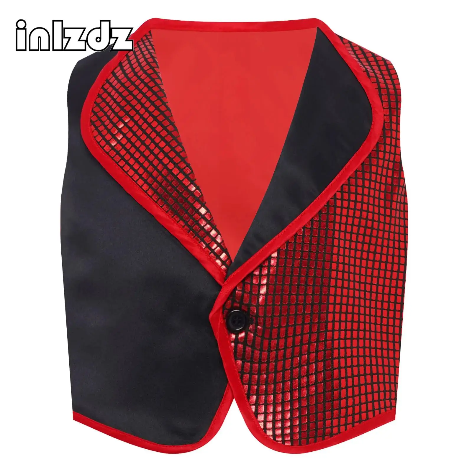 

Unisex Kids Boys Girls Jazz Dance Top Lapel Sleeveless Metallic Plaid Color Block Vest One Button Waistcoat Performances Costume