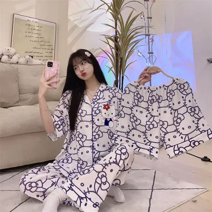 Anime 3Pcs Cinnamoroll Cotton Pajamas Suit Sanrioed Cartoon Hello Kitty Loose Short Sleeves Nightwear Cute Casual Girls Homewear