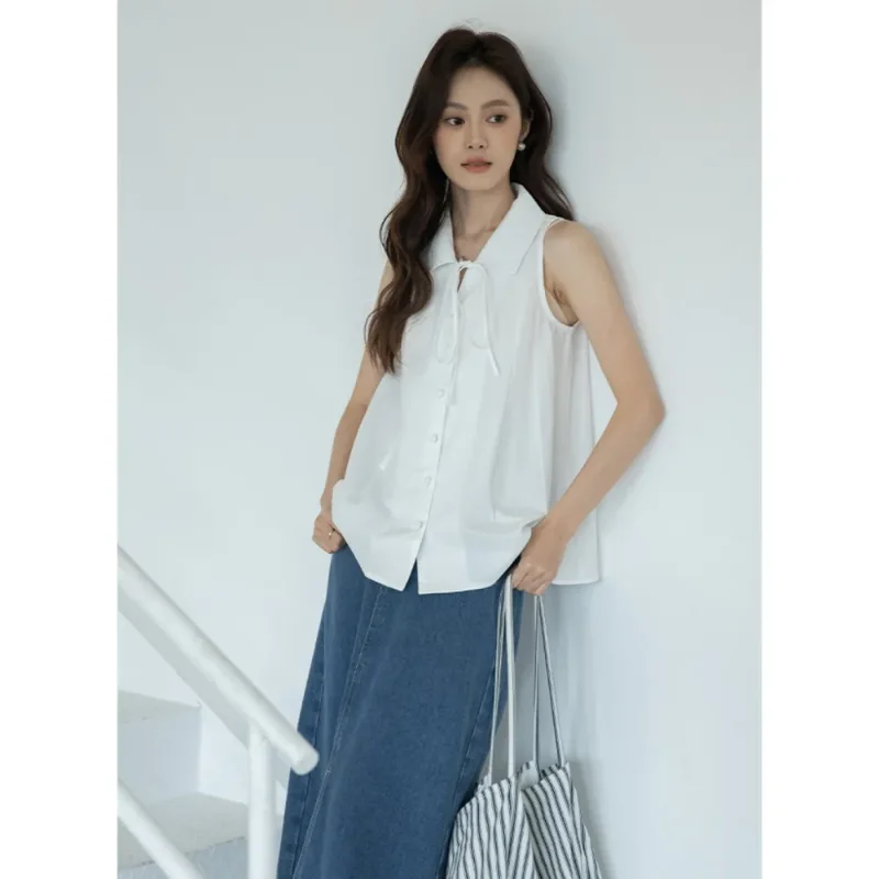 

Women's Sleeveless Lapel Blouse Casual Tie Front Button Down Loose Fit Solid Color Summer Top