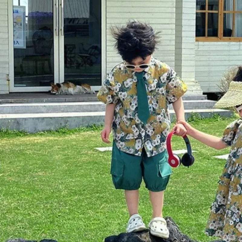 Vintage Floral Short Sleeve Shirt for Boys Kids Children's Day Performance Costume Summer Resort Vacation Wear Cotton Blend