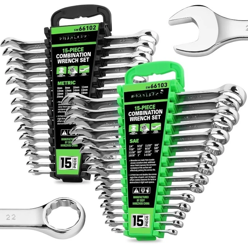 

Набор комбинированных ключей из 30 предметов, стандартный набор 12-точечных ключей с открытым концом, метрическая и SAE (8–22 мм и 1/4 дюйма до