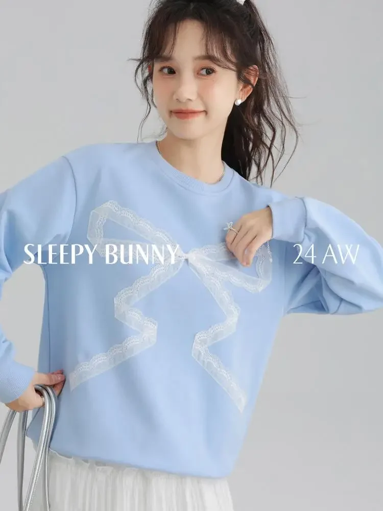 Autumn Winter Sweet Lace Bowknot Sweatshirt Women Light Blue Pullover Casual Loose Round Neck Long Sleeve Top Fashion 2025