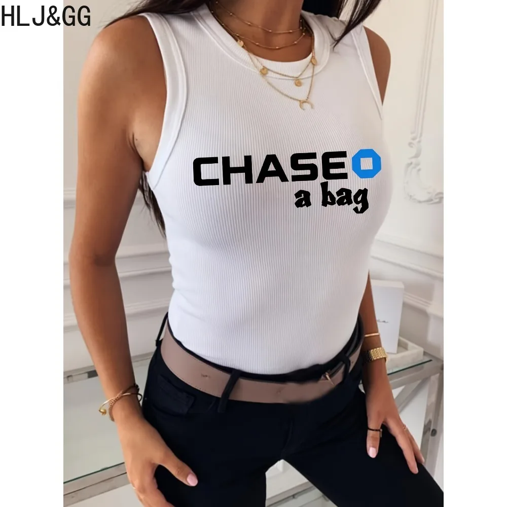 HLJ&GG Summer New Ribber Letter Print Slim Tank Tops Women Round Neck Sleeveless Matching Vests Fashion Female Sporty Streetwear