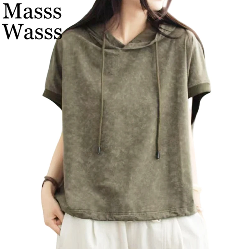 Masss Wasss 2026 Summer Soild Hooded Tops Ladies British Design Vintage Tee Shirts Womens Fashion Classic Loose Leisure Clothes