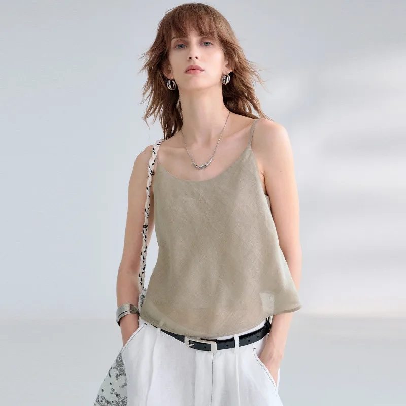 100% Ramie Women's Camisole Tank Top Summer New Round Neck Backless Loose Top Chic Elegant Ladies Sleeveless Short Tops