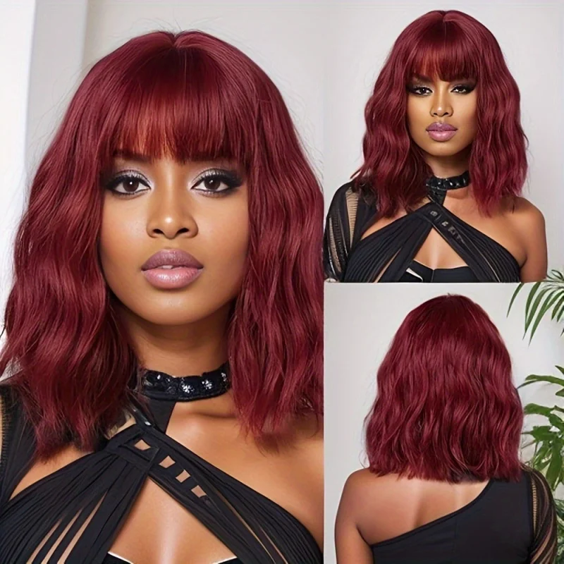 

Fashionable hot girl long curly hair with bangs, red-brown slightly wavy face-slimming wig