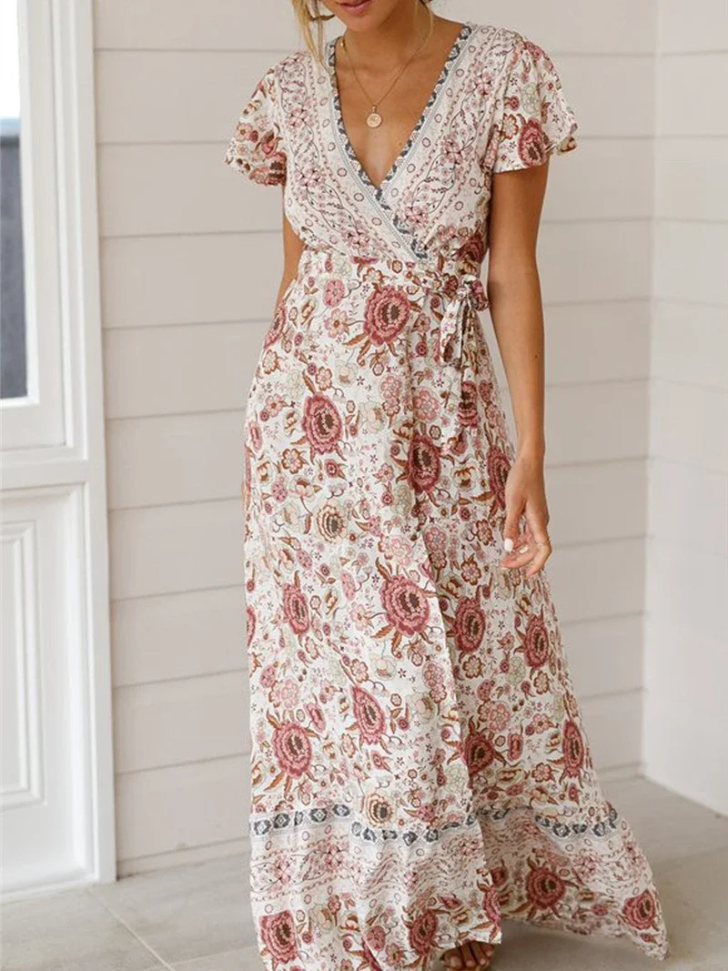 Vintage Chic Vestidos Women Floral Print Bat Sleeve Beach Bohemian Maxi  Sundress Ladies Sexy V Neck Wrap Summer Boho Dress - AliExpress 200000345