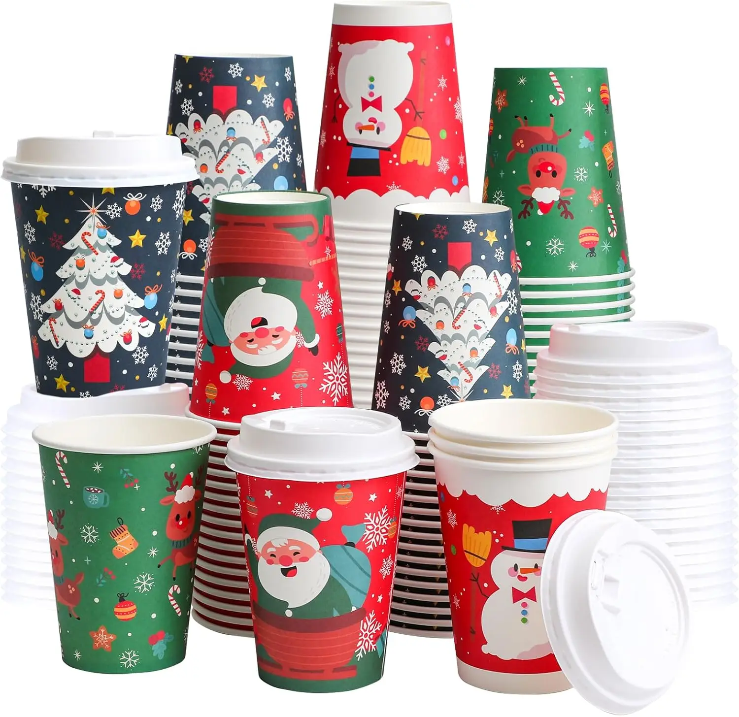 Paquete de 100 Vasos Desechables de Papel de 12 oz con Tapas para Bebidas Calientes/Frías, Café Navideño para Llevar
