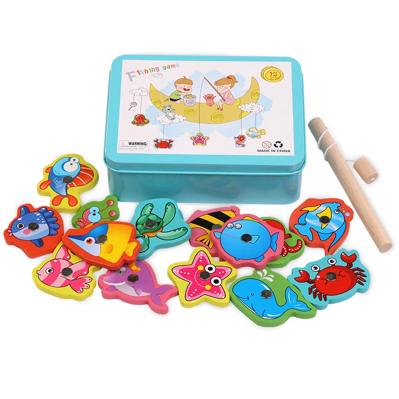 Caja de hierro, juego de pesca de madera, caña de pescar, juguetes magnéticos para niños, divertido habilidad motora fina, rompecabezas cognitivo de peces, juguete, regalos Montessori