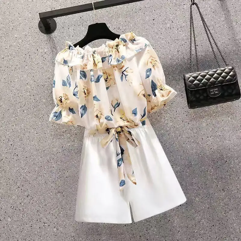 Printing Loose Elegant Shirt Tops Summer New Elastic Waist Solid Color All-match Office Shorts Fashion Vintage Women Clothing