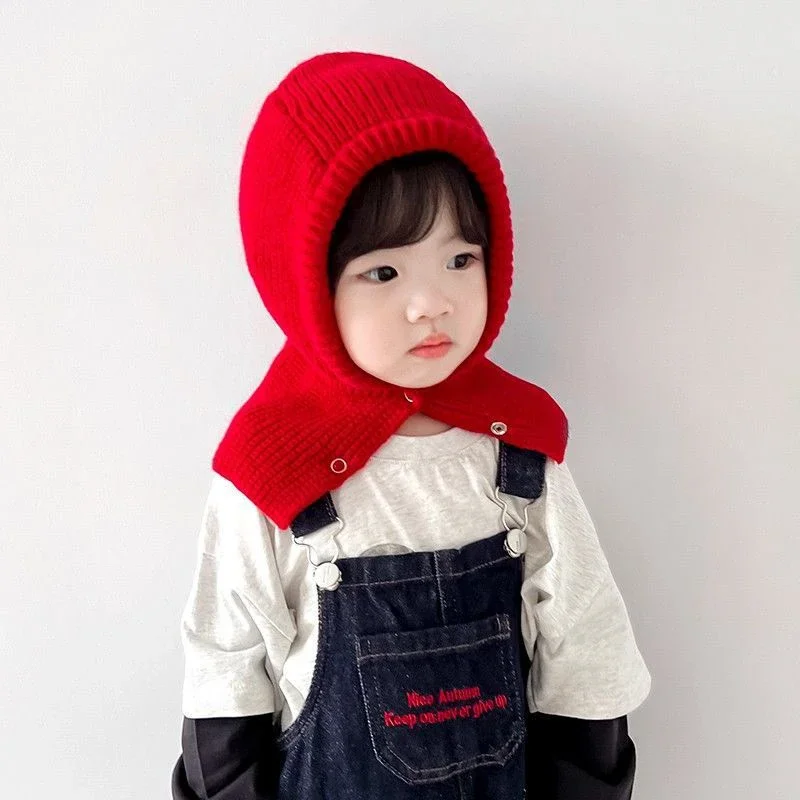 Korean Kids Balaclava Hat One Piece Scarf Cap Winter Warm Knitted Ear Protection Hat Solid Children Boys Girls Hooded Beanie