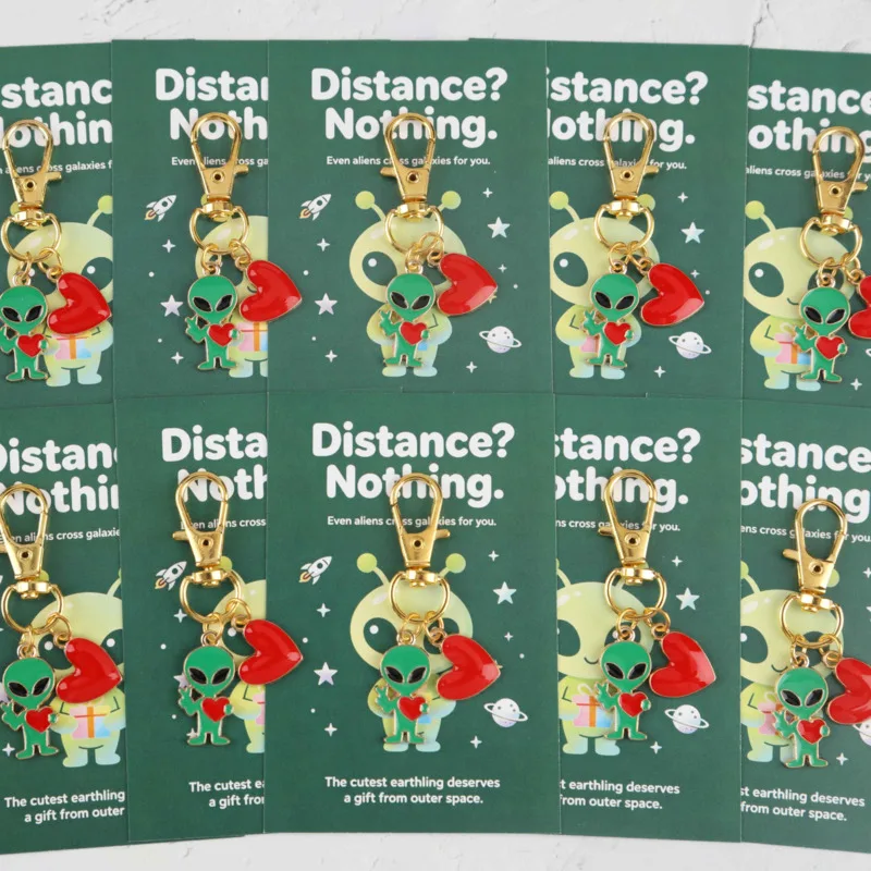 10A set of fun heart and alien keychains Comes with a matching color motivational greeting card A humorous party gift suitable f