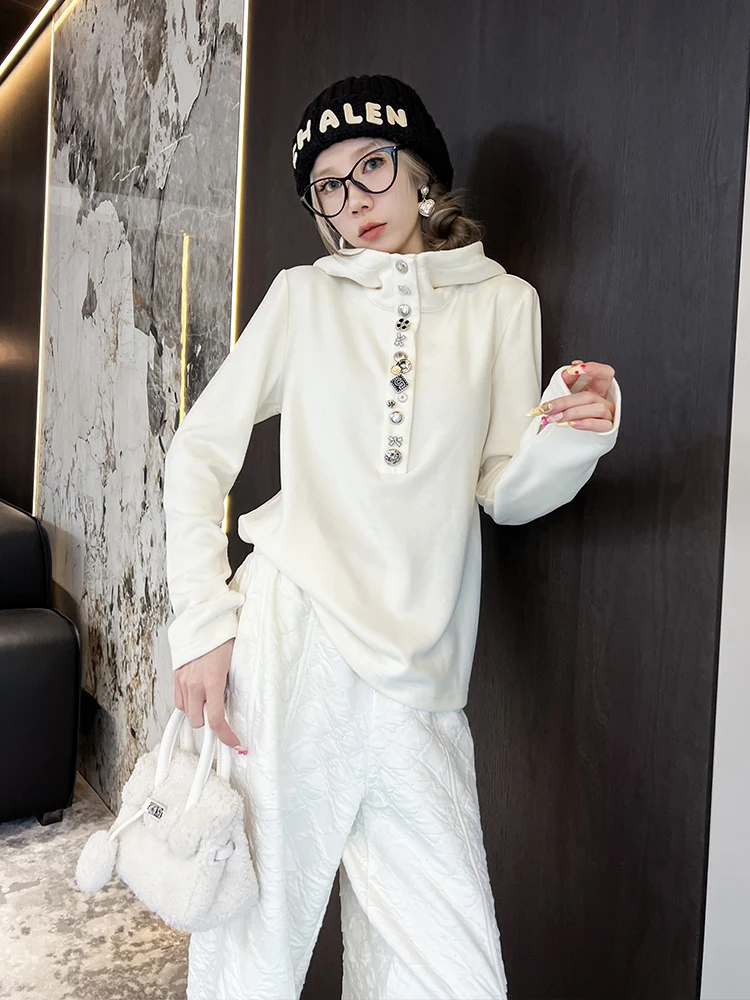 

Heavyweight Hooded Velvet Base Layer T-irt Women's Long Sve Slim Fit Top DZBM Brand European Sle Faion 2025 Winter N...