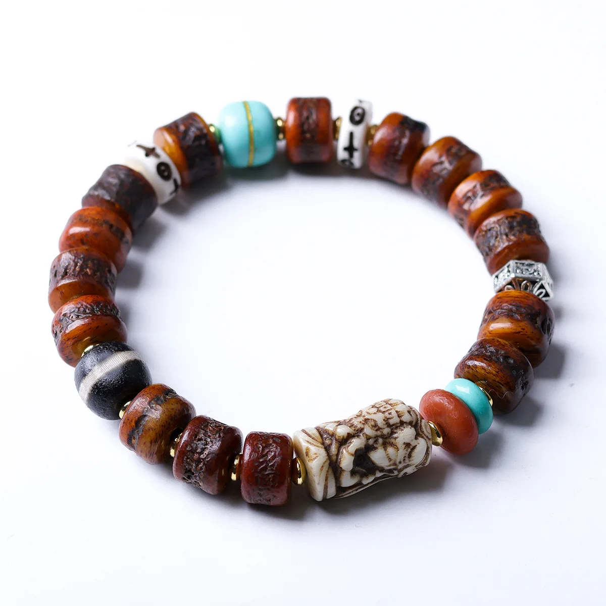 

Tibetan Style Ox Skull Dzi Jilamu Bracelet Ethnic Style Prayer Bead Bracelet for Good Luck Gifts