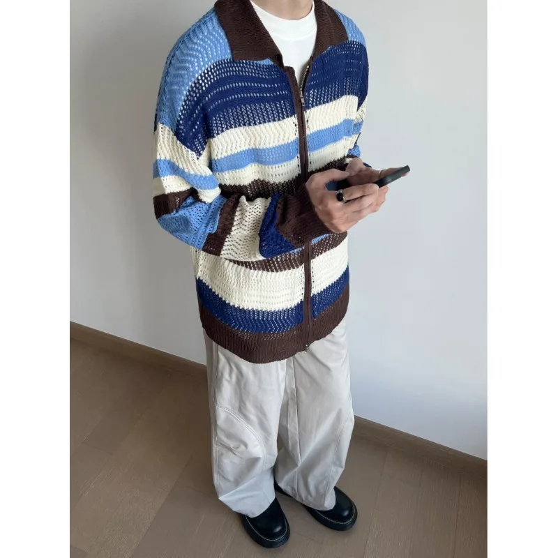 

Japanese retro striped hollow color-blocked knitted cardigan jacket men's loose contrasting sweater