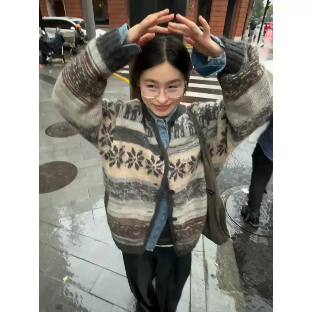 

Women's Fair Isle Knitted Sweater Coat Heavy Work 00 Wool V-Ne Long Sve Autumn Winter Faion Simple Sle Button Closure