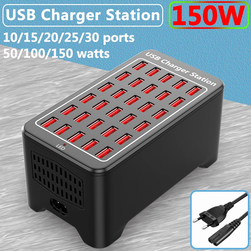 Estación de carga rápida para teléfono móvil, Cargador USB de 10, 15, 20, 25, 30 puertos HUB, 150W, Universal, de pared