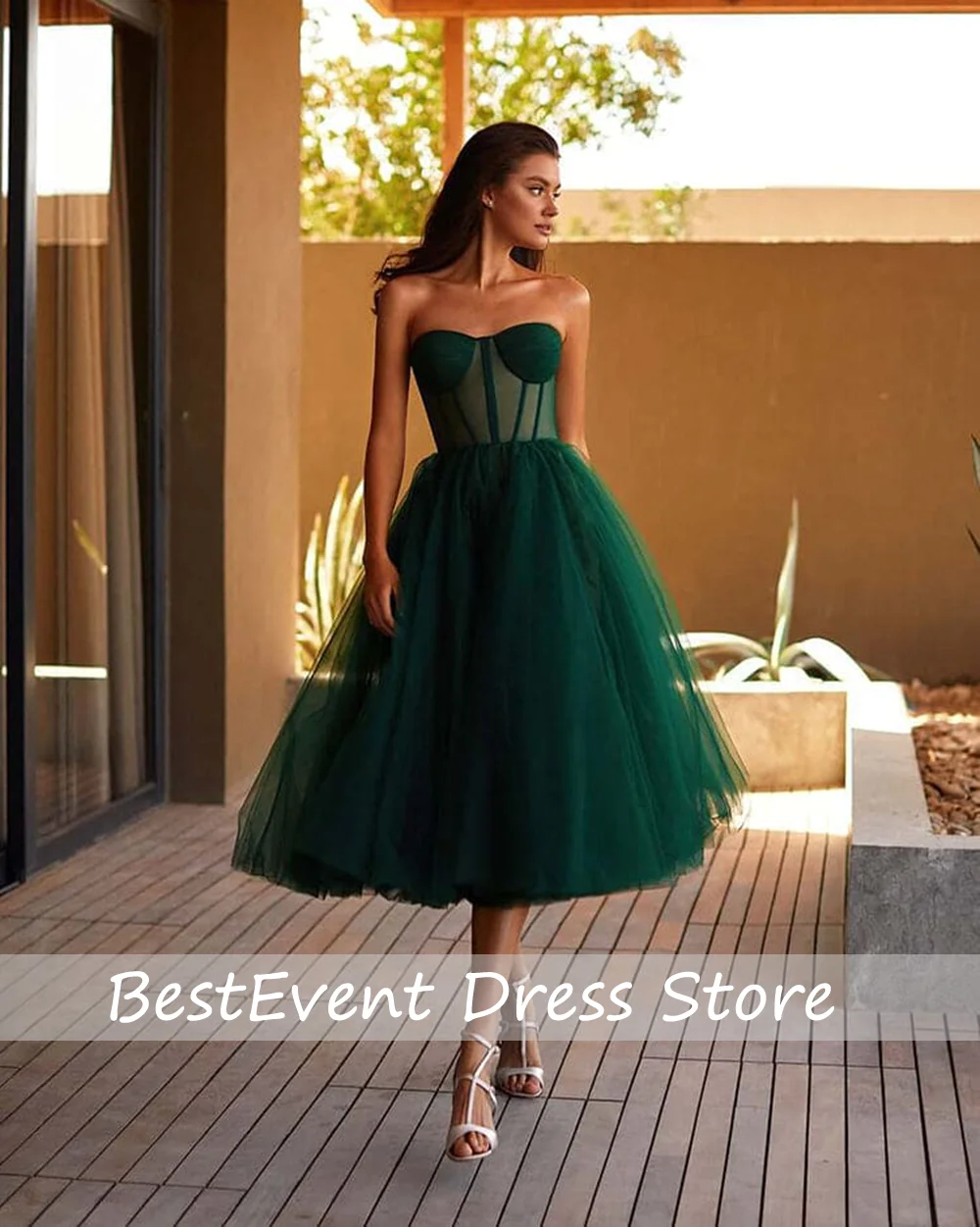 

Custom Made Modern Sweetheart Collar Tulle A-line Prom Party Dress Corset Backless Tea Length Evening Gown Vestidos de novia